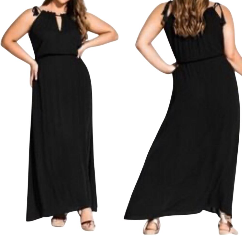 City Chic Black Tassel Tie Crinkle Maxi Dress L/20W Boho EUC Vacation resort